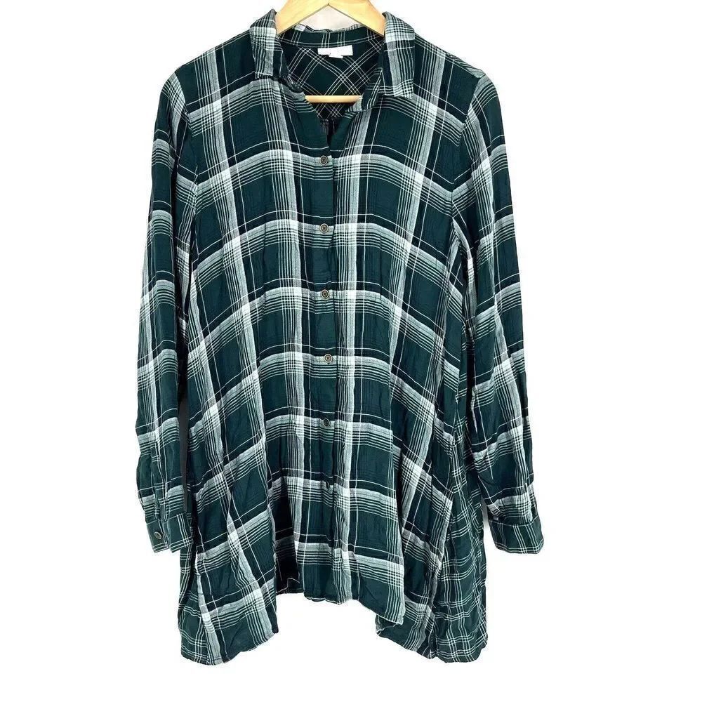 J Jill Top Size Small Green Plaid Pockets Tunic Button Up Shirt Double Cloth